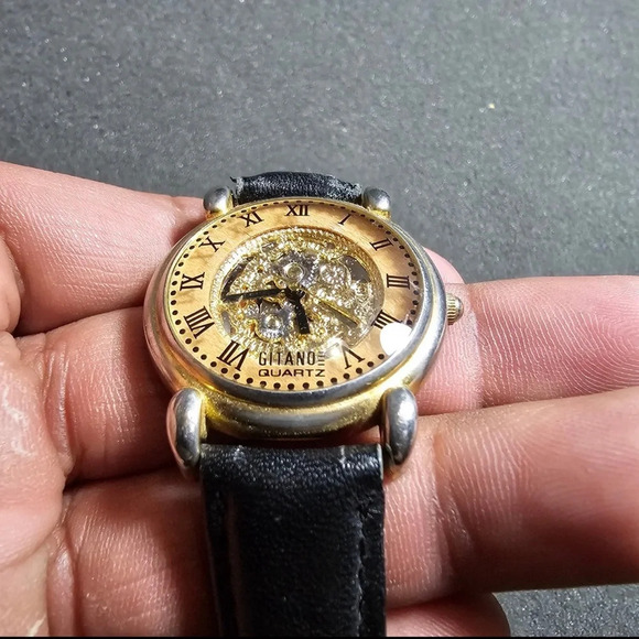 Gitano Quartz Ladies Fashion Watch Gold Tone Black Strap Working Roman Dial - Picture 2 of 9